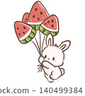 Cute Chibi Bunny Floating with Watermelon Slice Balloons Kawaii Summer Party Illustration for Stickers Scrapbooking Journals Greeting Cards and Printable Crafts 140499384
