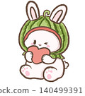Cute Chibi Bunny Hugging a Giant Watermelon Ice Cream Cone Sweet Summer Dessert Illustration for Stickers Scrapbooking Journaling and Sublimation Designs 140499391