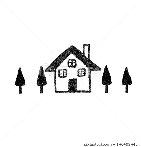 Four trees and a house with a triangular roof (black and white) Four trees and a house with a triangular roof (black and white) 140499443