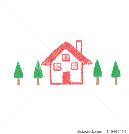 Four trees and a house with a triangular roof Four trees and a house with a triangular roof 140499454