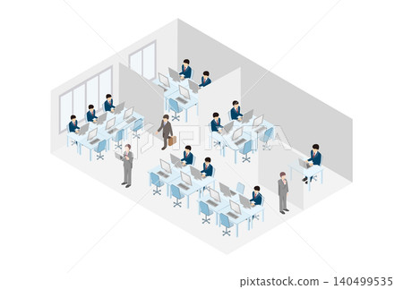 Isometric business office scene, desk work, business person, office worker, illustration material 140499535