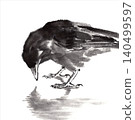 A crow watching its reflection on the water's surface A crow watching its reflection on the water's surface 140499597