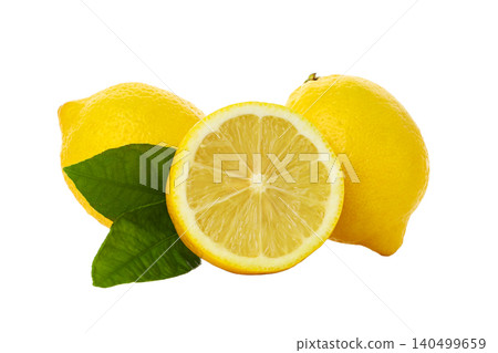 Lemon fruit arranged with green leaves on surface, on white Lemon fruit arranged with green leaves on surface, on white 140499659