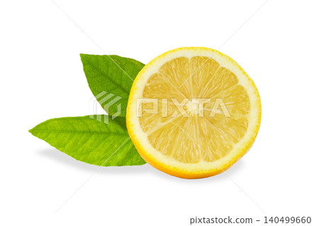 Lemon slice with leaves showing juicy texture and color, on white Lemon slice with leaves showing juicy texture and color, on white 140499660