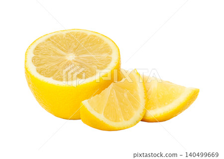 Half a lemon with wedges nearby for display, on white 140499669