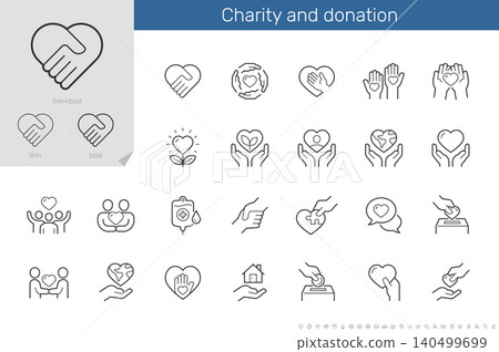 Charity and donation icon set. Thin line with bold outline, customizable to 3 styles. Editable stroke. Charity and donation icon set. Thin line with bold outline, customizable to 3 styles. Editable stroke. 140499699