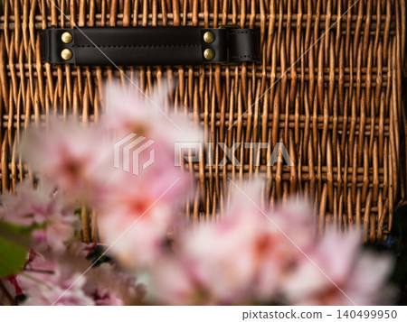 Vintage picnic basket through view of spring pink blossom tree Vintage picnic basket through view of spring pink blossom tree 140499950