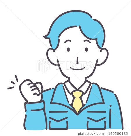 一幅簡單的插圖,描繪了一位身穿工作服的男士擺出勝利姿勢。 一幅簡單的插圖,描繪了一位身穿工作服的男士擺出勝利姿勢。 140500183