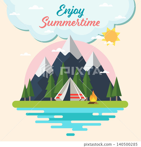 Summertime camping tent with landscape. Summertime camping tent with landscape. 140500285