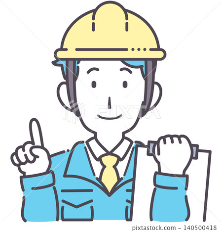 Simple illustration of a man in work clothes pointing with a document in one hand. Simple illustration of a man in work clothes pointing with a document in one hand. 140500418