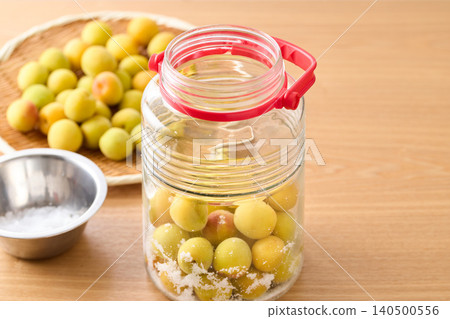 Pickle the plums in a storage container. 140500556