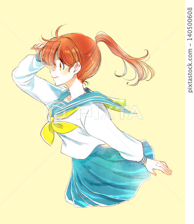 A female student in a sailor uniform, gazing through the crowd, profile view, ponytail, winter uniform. 140500608