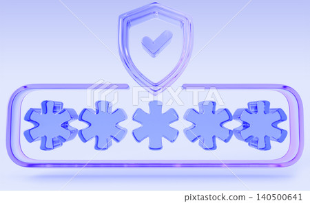 Glass password asterisks and shield with check mark 3d render icon. Personal data protection, computer or phone access security. Authentication, verification and approval system. 3D illustration Glass password asterisks and shield with check mark 3d render icon. Personal data protection, computer or phone access security. Authentication, verification and approval system. 3D illustration 140500641