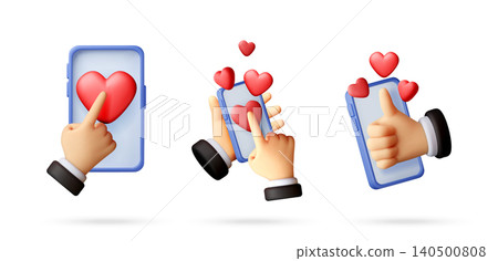 3D set of hand holding and interacting with phone 140500808