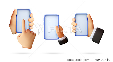 Set of 3d hands holding and touching smartphone. 140500810