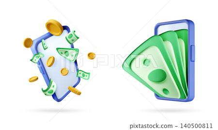 Smartphone with floating 3d coins and money bills Smartphone with floating 3d coins and money bills 140500811