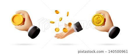 3D Cartoon hands holding and dropping gold coins. 3D Cartoon hands holding and dropping gold coins. 140500961