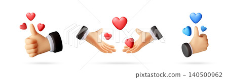3D set of hands showing thumb up with hearts 3D set of hands showing thumb up with hearts 140500962