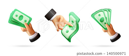 Set of 3d hands holding green paper money. Set of 3d hands holding green paper money. 140500971