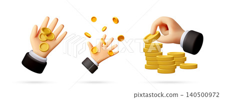 Set of 3d vector hands interacting with gold coins Set of 3d vector hands interacting with gold coins 140500972