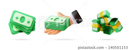 Set of 3d pile of money and hand holding cash. 140501153
