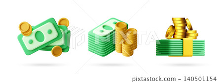 Set of 3D green paper banknote and gold coins Set of 3D green paper banknote and gold coins 140501154