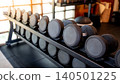 Set of dumbbells lined up by size on metal gym rack 140501225