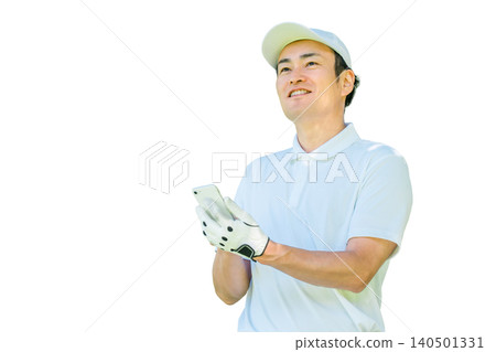 Male golfer using smartphone on golf course (app, score, score management, course strategy, course map) Male golfer using smartphone on golf course (app, score, score management, course strategy, course map) 140501331