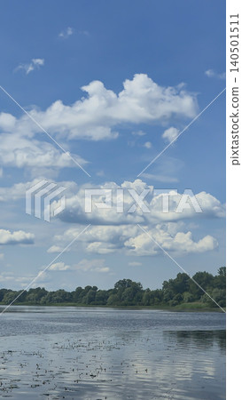 A deep river surrounded by trees and plants Thickets of reeds. Voluminous clouds 140501511