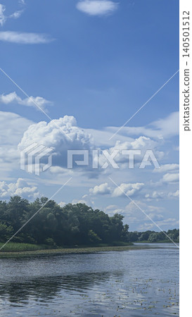 A deep river surrounded by trees and plants Thickets of reeds. Voluminous clouds A deep river surrounded by trees and plants Thickets of reeds. Voluminous clouds 140501512