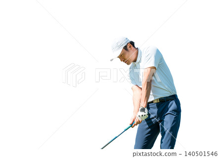 A male golfer taking a golf swing (tee shot, golf competition) A male golfer taking a golf swing (tee shot, golf competition) 140501546