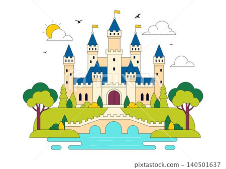 Castle Vector Illustration Featuring Fairytale Royal Palace, Medieval Fortress Architecture, Fantasy Kingdom Landscape, and Historic Landmark 140501637