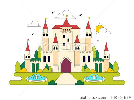 Castle Vector Illustration Featuring Fairytale Royal Palace, Medieval Fortress Architecture, Fantasy Kingdom Landscape, and Historic Landmark Castle Vector Illustration Featuring Fairytale Royal Palace, Medieval Fortress Architecture, Fantasy Kingdom Landscape, and Historic Landmark 140501639