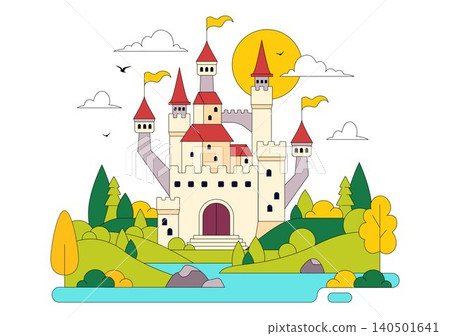 Castle Vector Illustration Featuring Fairytale Royal Palace, Medieval Fortress Architecture, Fantasy Kingdom Landscape, and Historic Landmark 140501641