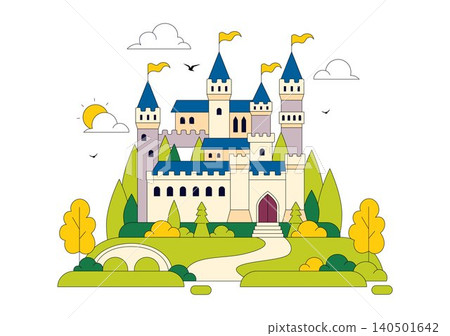 Castle Vector Illustration Featuring Fairytale Royal Palace, Medieval Fortress Architecture, Fantasy Kingdom Landscape, and Historic Landmark 140501642
