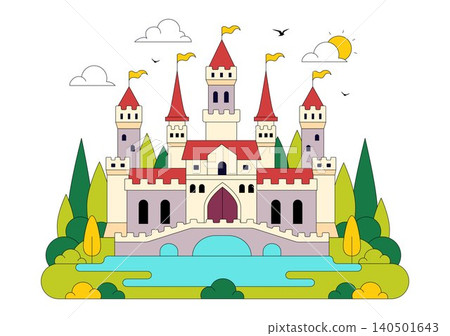 Castle Vector Illustration Featuring Fairytale Royal Palace, Medieval Fortress Architecture, Fantasy Kingdom Landscape, and Historic Landmark Castle Vector Illustration Featuring Fairytale Royal Palace, Medieval Fortress Architecture, Fantasy Kingdom Landscape, and Historic Landmark 140501643