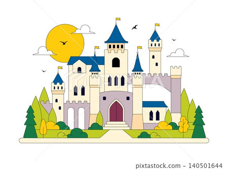 Castle Vector Illustration Featuring Fairytale Royal Palace, Medieval Fortress Architecture, Fantasy Kingdom Landscape, and Historic Landmark Castle Vector Illustration Featuring Fairytale Royal Palace, Medieval Fortress Architecture, Fantasy Kingdom Landscape, and Historic Landmark 140501644