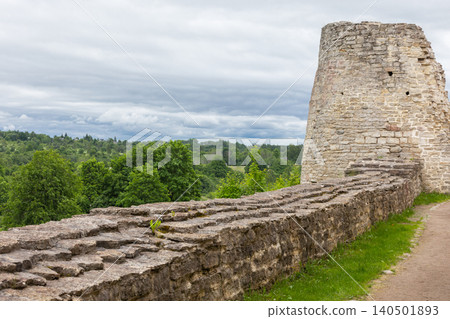 Ruined walls and tower Izborsk Fortress, Pskov Oblast, Russia Ruined walls and tower Izborsk Fortress, Pskov Oblast, Russia 140501893