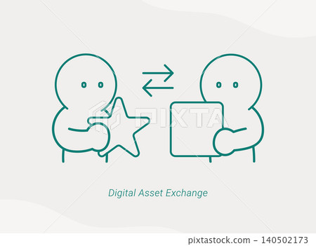 Cute green line art of two characters exchanging a star and square asset with arrows, representing digital asset exchange. Perfect for fintech, crypto, NFT, and blockchain content. 140502173