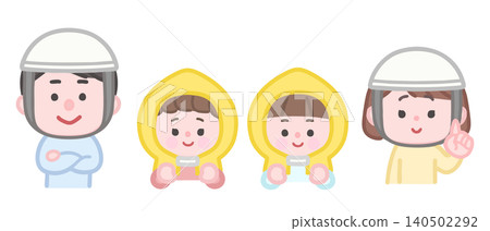 父母戴著頭盔,孩子戴著防災帽。 父母戴著頭盔,孩子戴著防災帽。 140502292