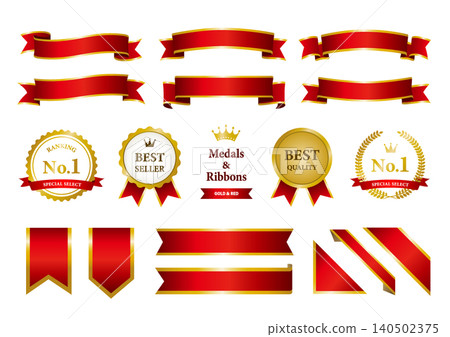 Luxury red and gold ribbon and No. 1 medal/badge set (ranking/award-winning material) Luxury red and gold ribbon and No. 1 medal/badge set (ranking/award-winning material) 140502375