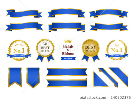 Luxury blue and gold ribbon and No. 1 medal/badge set (ranking/award-winning material) Luxury blue and gold ribbon and No. 1 medal/badge set (ranking/award-winning material) 140502376