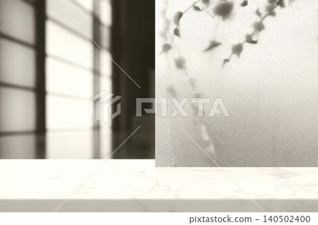 Minimalist Product Display Podium with Soft Botanical Shadow Overlay and Frosted Texture Background, Elegant Marble Surface for Wellness and Luxury Branding. 140502400