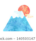 一幅風格簡潔的水彩插畫，描繪了富士山和日出的景象。 140503147