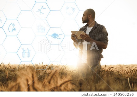 Smart farm worker using technology to monitor crops during sunset Smart farm worker using technology to monitor crops during sunset 140503256