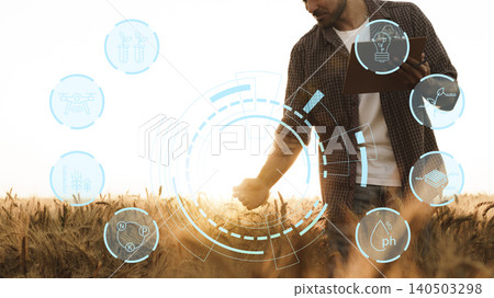 Smart farm technology in action on a sunny day in a wheat field 140503298