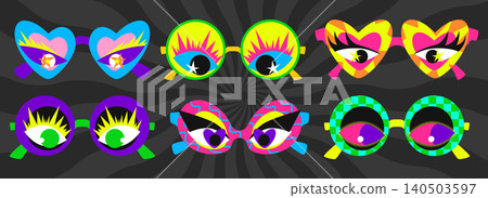 Retro sunglasses, groovy heart frames and pattern Retro sunglasses, groovy heart frames and pattern 140503597