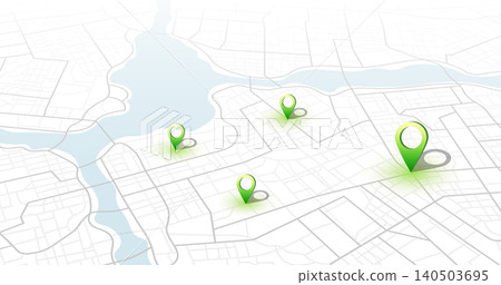 White 3D city map with green location pins and river. Vector illustration. White 3D city map with green location pins and river. Vector illustration. 140503695