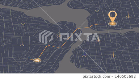 isometric city map with golden navigation path and pin. Vector illustration. isometric city map with golden navigation path and pin. Vector illustration. 140503698