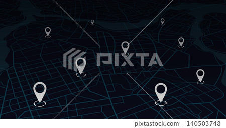 urban grid in perspective with multiple white location markers. Vector illustration. urban grid in perspective with multiple white location markers. Vector illustration. 140503748